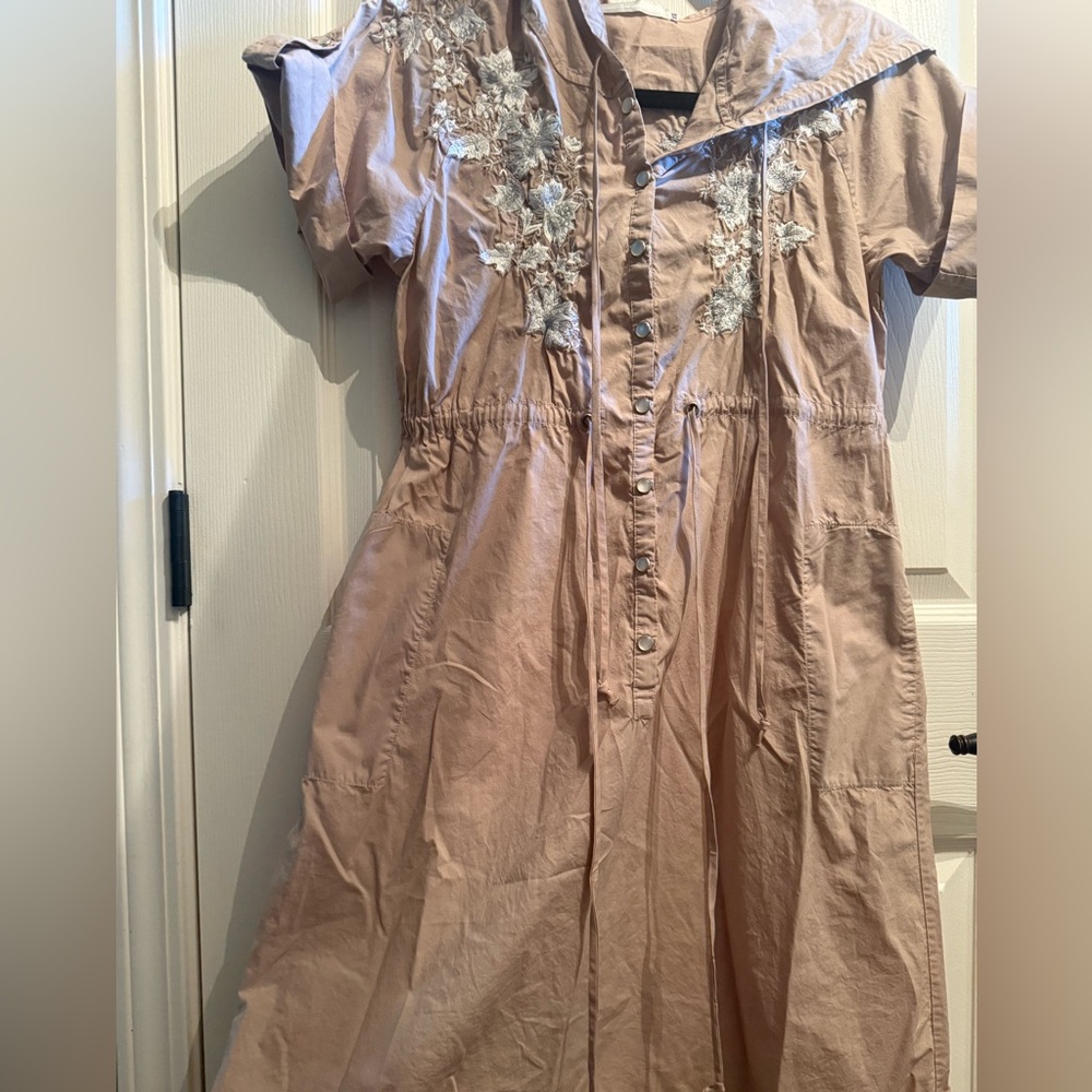 3J Tan Embroidered Button Up Dress with Hood